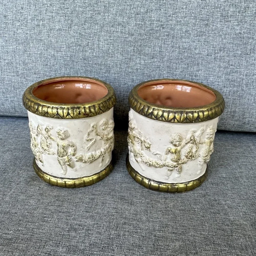 Cherub Putti Vase Planter Lot of 2 Gold Cream Round Ornate Reproduction Pottery